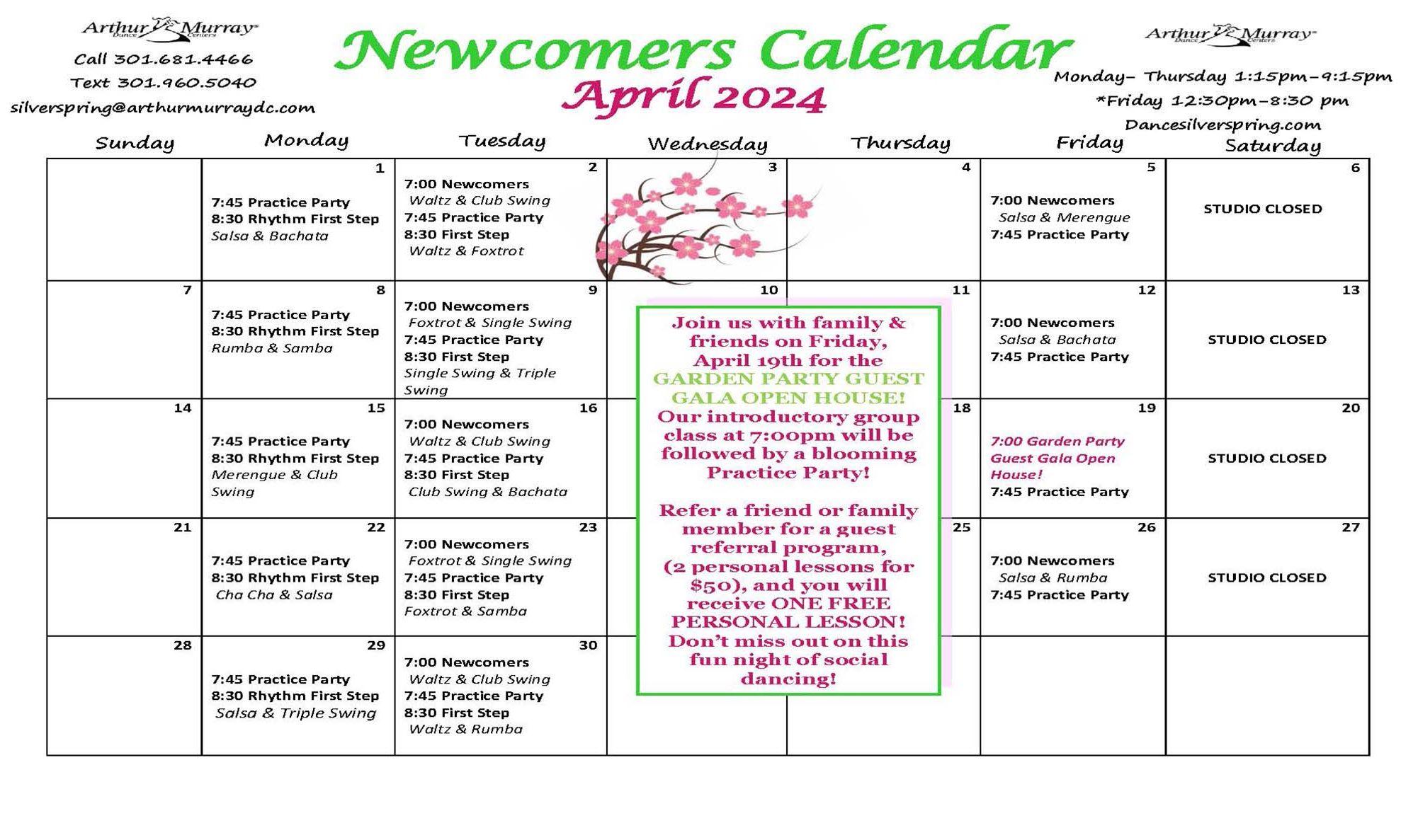 April 2024 Newcomers Calendar