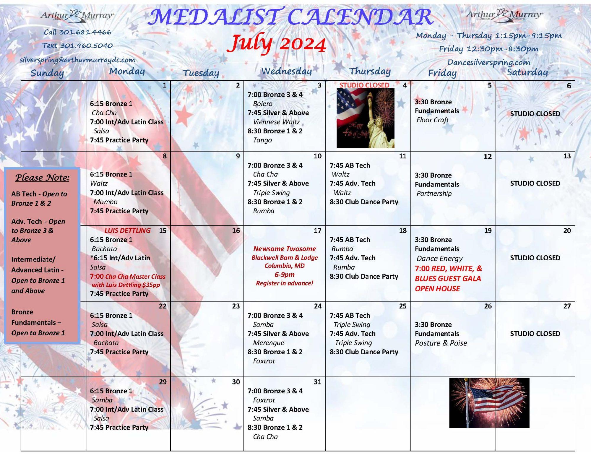 July 2024 Medalist Calendar