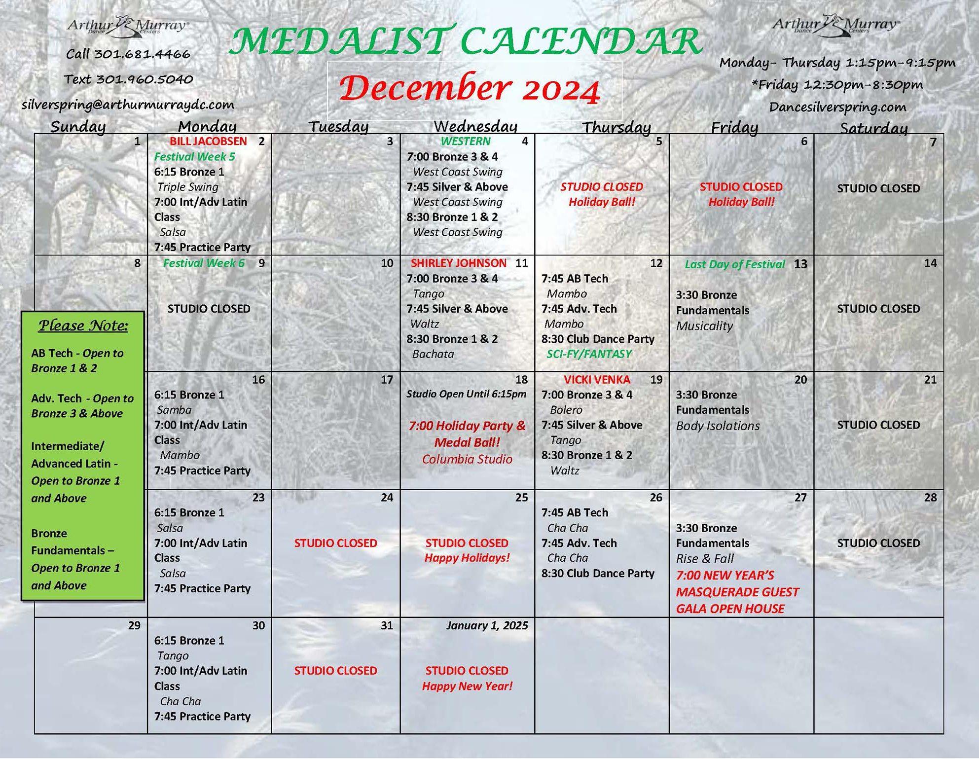 AM Silver Spring December 2024 Medalist Calendar