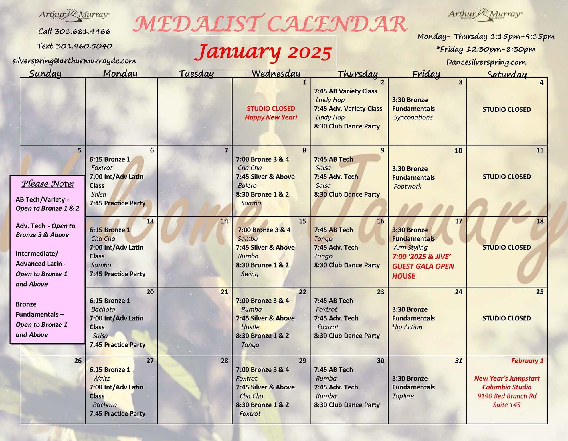 January 2025 Medalist Calendar