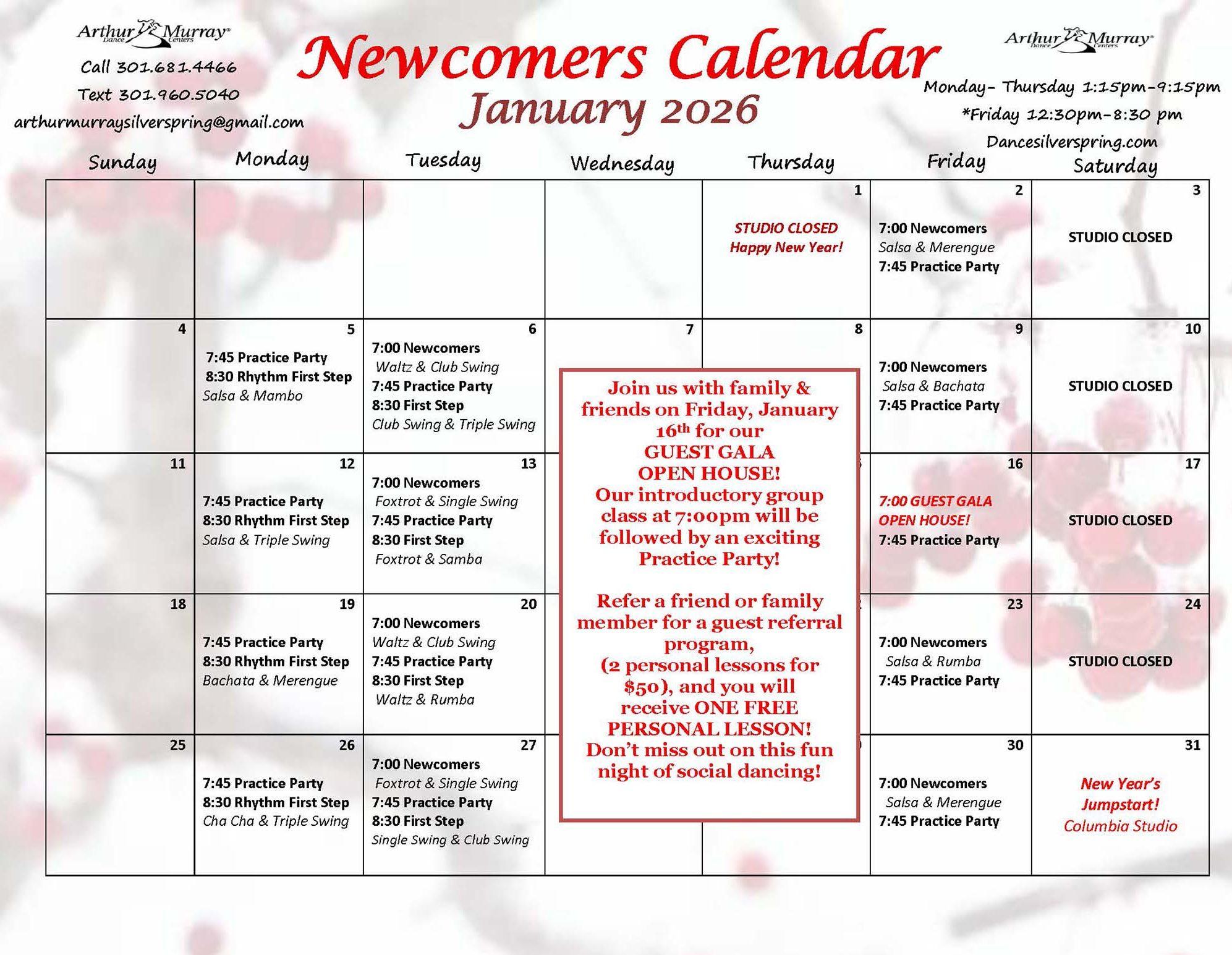 January Newcomer Calendar 2026
