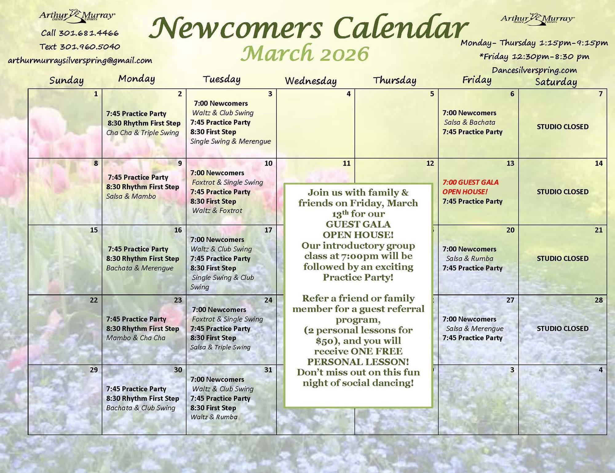 March Newcomer Calendar 2026