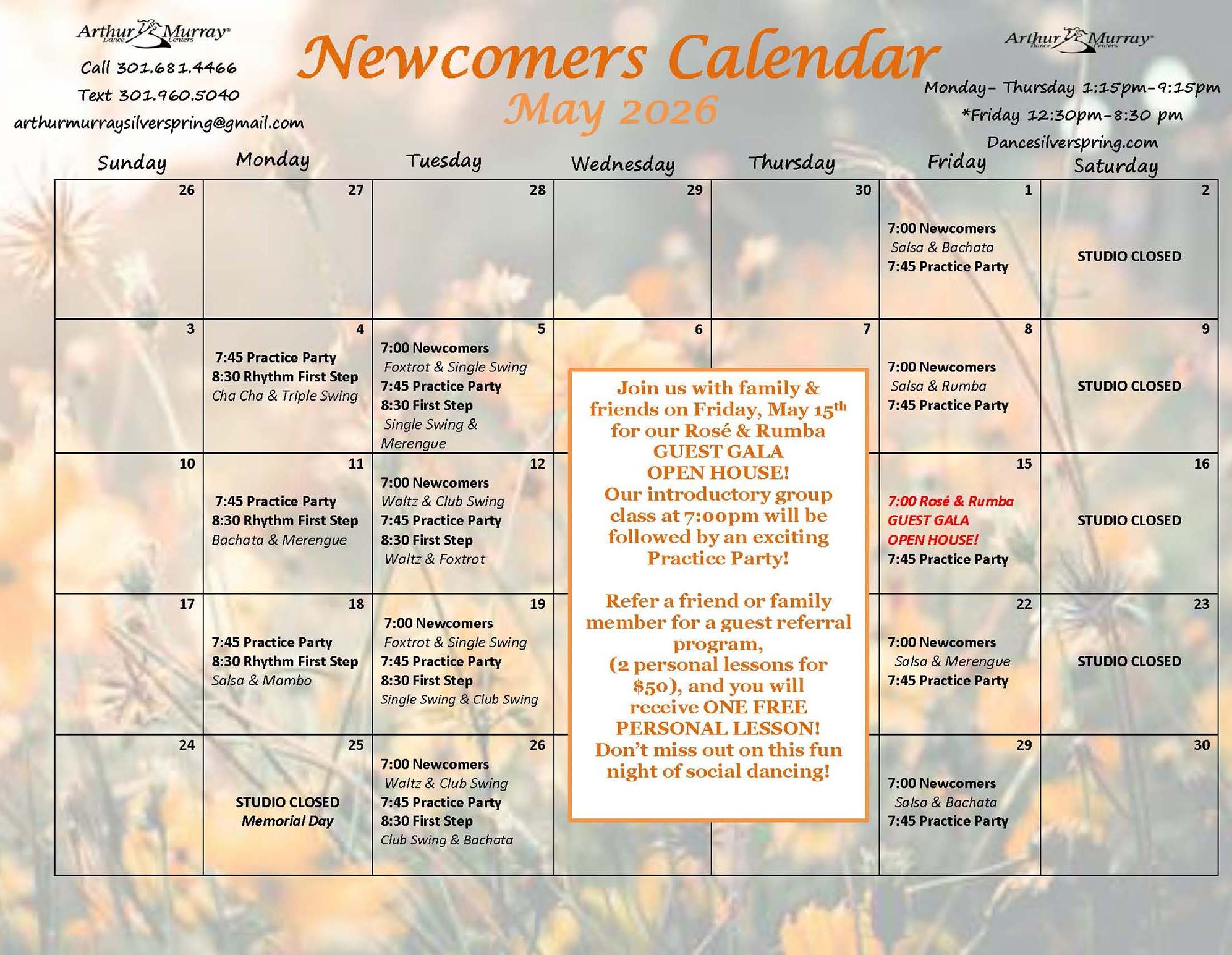 May Newcomer Calendar 2026
