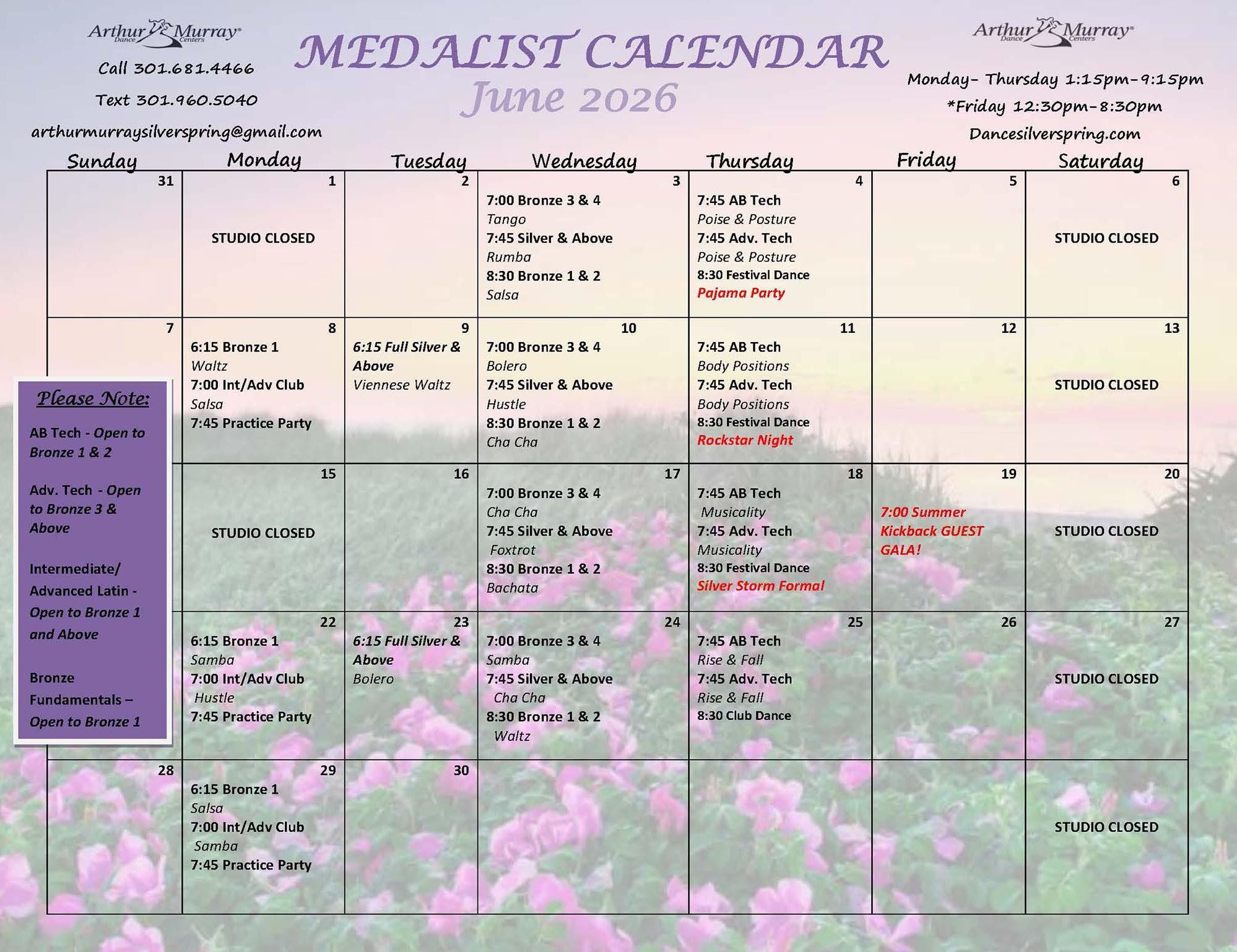 June 2026 Medalist Calendar